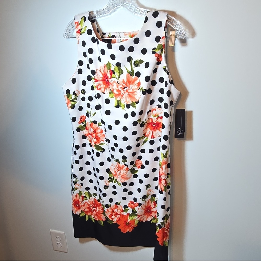 NWT!! AGB White Black Polka Dot‎ Floral Scoop Neck Sleeveless Sheath Dress 12